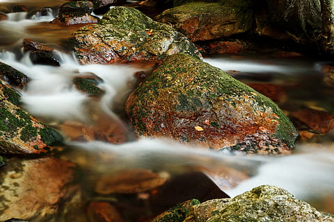 grøn-og-brune sten, legeme, vand, grøn, brun sten, sløring, sløret, kaskade, efterår, flyde, flyder, Skov, mos, bevægelse, natur, flod, klippe, løb, glat, sten-, strøm, vandfald, ingen mennesker, udendørs, rock-objekt, solid, selektiv fokusering, dag, sløret bevægelse, lang eksponering, skønhed i naturen, flydende vand, ro, tæt på, jord, fokusere på baggrund, renhed, strøm - rindende vand, lichen, 4K, CC0, offentligt domæne, royaltyfrie