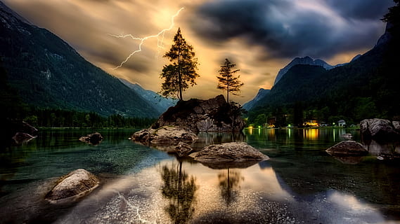 Abu-abu, gunung, hitam, awan, matahari terbenam, senja, langit, petir, badai, hdr, danau, air, refleksi, hutan, pohon, indah, batu, rumah, lampu, lembah, ngarai, alam, pemandangan, di luar rumah, perjalanan, keindahan di alam, awan - langit, scenics - alam, pegunungan, adegan yang tenang, ketenangan, batu - benda, padat, tepi laut, idilis, tidak ada orang, 1080P, CC0, domain publik, bebas royalti