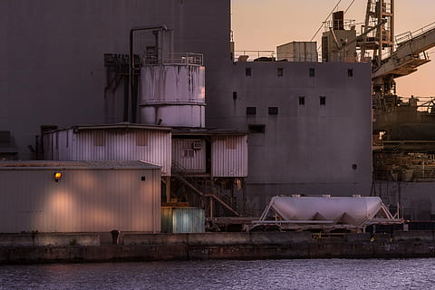 white, houses, concrete, building, dock, silo, architecture, infrastructure, construction, wall, water, factory, industry, no people, built structure, outdoors, building exterior, illuminated, day, sky, business, nature, nautical vessel, metal, waterfront, transportation, industrial building, city, container, storage tank, industrial equipment, port, 2K