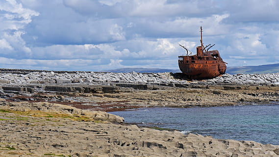 ireland, inisheer, ship wreck, stainless, nautical vessel, water, transportation, sky, sea, ship, cloud - sky, shipwreck, beach, nature, mode of transportation, rock, land, abandoned, rock - object, day, solid, damaged, sailboat, deterioration, outdoors, anchored, low tide, ruined, 4K, CC0, public domain, royalty free