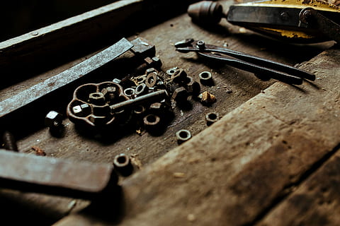 nails, bolts, workshop, Tools, wooden, metal, nuts, diy, garage, shed, repair, spanner, old, old-fashioned, machine Part, antique, technology, work tool, no people, close-up, repairing, wood - material, tool, table, still life, hand tool, indoors, equipment, selective focus, variation, choice, high angle view, screw, large group of objects, carpentry, wrench, 5K