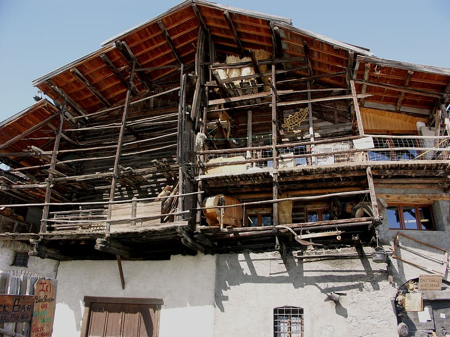 chata, rustikální, Alpy, fasáda, hautes alpes, hora, saint veran, architektura, stavba, exteriér budovy, nízký úhel pohledu, budova, den, nikdo, nebe, Dům, rezidenční čtvrti, venku, dřevo - materiál, opuštěný, Příroda, průmysl, starý, okno, střecha, čisté nebe, Dějiny, zničil, 2K