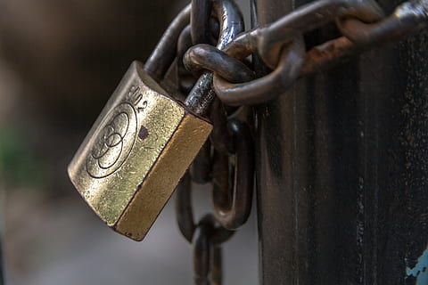 key, lock, chain, metal, close-up, padlock, protection, safety, security, hanging, rusty, no people, selective focus, finance, focus on foreground, strength, connection, old, fence, business, outdoors, 2K, CC0, public domain, royalty free