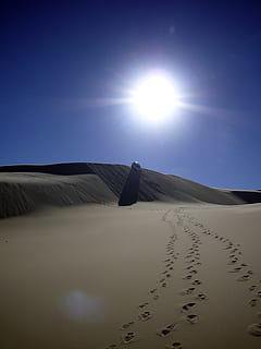 Sonne, Gegenlicht, Sanddüne, Fußabdrücke, Sand, Düne, Wüste, Landschaft, Mond, trockenes Klima, Himmel, Sonnenlicht, Land, Szenen - Natur, Schönheit in der Natur, Natur, Umgebung, Klima, klarer Himmel, Sonnenstrahl, Linseneffekt, ruhige Szene, Ruhe, Nicht-städtische Szene, keine Leute, hell, draußen, 2K, CC0, gemeinfrei, lizenzfrei