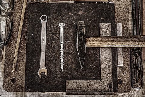 six, gray, steel hand tools, workshop, rustic, hammer, wrench, tool, metal, files, maintenance, craft, hobby, work, profession, workplace, mechanic, craftsmen, old, nostalgic, angle, document, background, background image, work tool, hand tool, indoors, wood - material, no people, still life, directly above, equipment, variation, high angle view, choice, arrangement, close-up, screw, day, group of objects, screwdriver, spanner, steel, alloy, 5K, CC0, public domain, royalty free