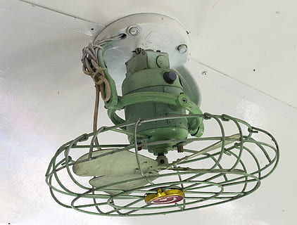 fan, old, ceiling, train, green, indoors, no people, human representation, representation, creativity, low angle view, metal, close-up, art and craft, cable, green color, technology, healthcare and medicine, still life, machinery, man made object, wall - building feature, hanging, male likeness, 2K, CC0, public domain, royalty free