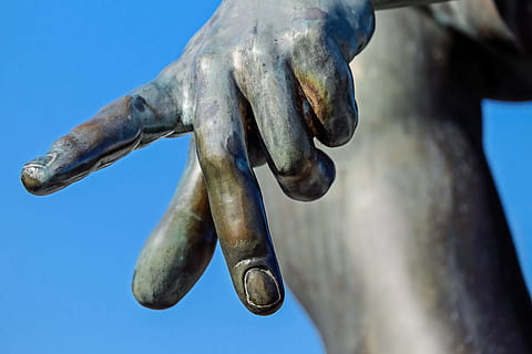 statue, hand, daytime, finger, characters, symbol, gesture, sculpture, bronze, bocce, art, sky, blue, kaiserstuhl, swim, close-up, no people, art and craft, representation, day, clear sky, nature, human representation, outdoors, metal, gray, animal body part, silver colored, ornate, 4K, CC0, public domain, royalty free