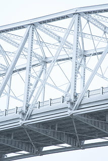 low-angle photography, white, truss bridge, architecture, building, infrastructure, structure, bridge, built structure, transportation, connection, bridge - man made structure, no people, day, metal, low angle view, outdoors, nature, travel, building exterior, pattern, cold temperature, city, mode of transportation, ceiling, girder, 5K, CC0, public domain, royalty free