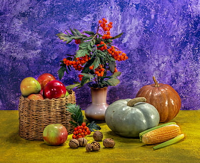 dovleac, porumb, mere, nuci, alimente, Rowan, cos de rachita, textură, craquelure, nuc, natură moartă, ulcior, vitamine, legume, fruct, mancare si bautura, mâncat sănătos, prospeţime, bunăstare, nici o persoana, mere - fructe, multi colorate, coş, vegetal, alegere, variație, în interior, recipient, plantă, natură, aranjament, celebrare, Violet, 2K, CC0, domeniu public, fără drepturi de autor