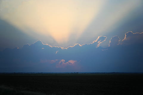 sky, clouds, silver lining, storm, sky clouds, sun rays, blue sky, nature, sunset, scenics - nature, beauty in nature, cloud - sky, tranquility, environment, tranquil scene, landscape, horizon, land, no people, sunlight, horizon over land, idyllic, field, outdoors, sunbeam, 1080P, CC0, public domain, royalty free
