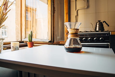 coffee, clear, glass pot, filter, prepration, drink, caffeine, hot, vintage, beverage, brown, aroma, table, kitchen, home, filtered, morning, design, style, indoors, domestic room, window, no people, domestic kitchen, home interior, household equipment, food and drink, kitchen counter, sink, architecture, day, luxury, still life, glass - material, home showcase interior, 5K, CC0, public domain, royalty free