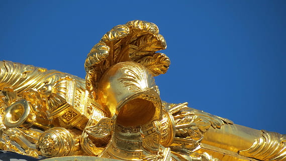 versailles, gilding, helmets, gold colored, gold, blue, sculpture, art and craft, statue, no people, religion, sky, architecture, metal, built structure, belief, clear sky, spirituality, nature, shiny, ornate, building, gilded, 4K, CC0, public domain, royalty free
