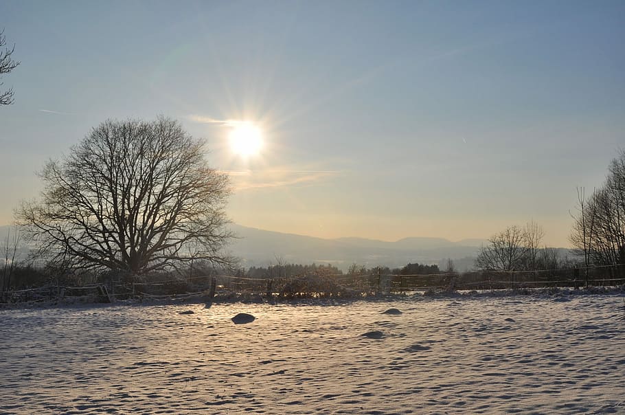 indtryk, landskab, humør, smuk, solnedgang, hvile, sol, stadig, aften, atmosfære, blå, himmel, skyer, natur, tåge, indstilling, udsigt, solstråle, tusmørke, atmosfærisk, stemning, skumring, baglygte, vinter, bare træ, kold temperatur, sne, Mark, træ, skønhed i naturen, scenics - natur, rolig scene, plante, sollys, ro, miljø, ingen mennesker, jord, Frosset, linseflare, udendørs, kold, lyse, 2K