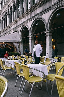 trip, venice, Venice, Italy, vacations, architecture, buildings, old town, Europe, travel, italian, Italy, veneto, venezia, mediterranean, venive, old houses, tourist, cafe, restaurant, table, people, urban Scene, outdoors, street, sidewalk Cafe, chair, city, city Life, one man only, one person, adults only, real people, seat, men, built structure, lifestyles, rear view, building exterior, sitting, leisure activity, business, day, building, setting, uniform, 4K