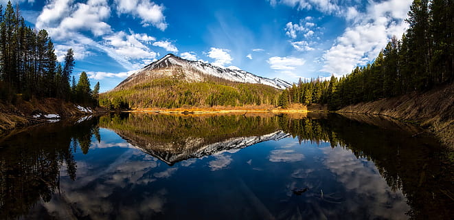 sníh, krajina, Příroda, západ slunce, mraky, jehličnatý strom, denní světlo, životní prostředí, jezero, hora, venku, panoráma, klidný, odraz, odrazy, řeka, scénický, cestovní ruch, cestovat, stromy, voda, les, nebe, scenics - příroda, mrak - nebe, klid, krása v přírodě, strom, klidné scény, rostlina, symetrie, nikdo, idylický, den, nábřeží, odraz jezero, jehličnatého stromu, 1080P