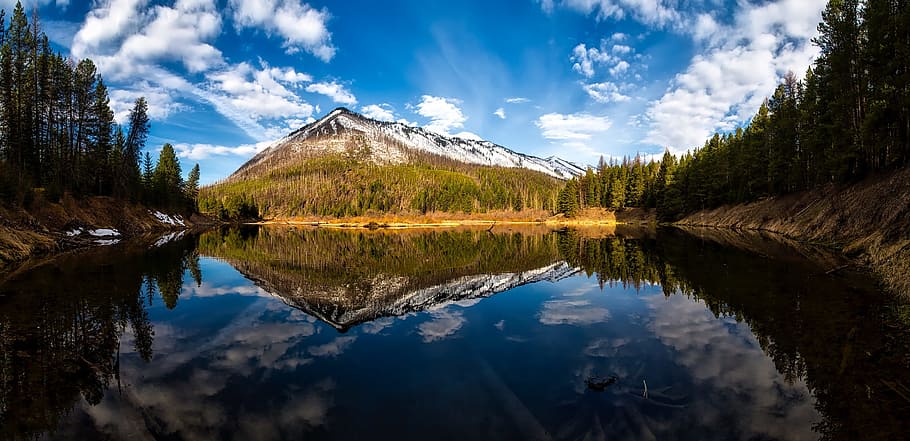 sníh, krajina, Příroda, západ slunce, mraky, jehličnatý strom, denní světlo, životní prostředí, jezero, hora, venku, panoráma, klidný, odraz, odrazy, řeka, scénický, cestovní ruch, cestovat, stromy, voda, les, nebe, scenics - příroda, mrak - nebe, klid, krása v přírodě, strom, klidné scény, rostlina, symetrie, nikdo, idylický, den, nábřeží, odraz jezero, jehličnatého stromu, 1080P