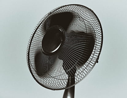 turned-on, black, pedestal fan, pedestal, fan, air, objects, studio shot, no people, indoors, technology, close-up, day, electric fan, white background, low angle view, metal, pattern, still life, shape, geometric shape, man made, man made object, silver colored, circle, equipment, sky, steel, exhaust fan, 1080P, CC0, public domain, royalty free