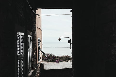 Foto, dør, åbnet, lyserød, blomstrede blomster, postlampe, beige, bygning, vindue, lukker, væg, hæk, Busk, hav, kyst, lys, lampe, xt10, fuji, Fujifilm, natur, Italien, bygget struktur, arkitektur, himmel, plante, ingen mennesker, dag, bygning udvendig, udendørs, murbygningsfunktion, by, træ, åben, gade, skyfri himmel, indgang, beton, 4K, CC0, offentligt domæne, royaltyfrie