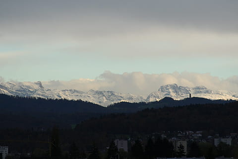 mountains, beautiful, far, mountain, sky, mountain range, scenics - nature, beauty in nature, tranquil scene, environment, tranquility, no people, tree, cloud - sky, nature, landscape, non-urban scene, plant, outdoors, winter, cold temperature, idyllic, snowcapped mountain, 2K, CC0, public domain, royalty free