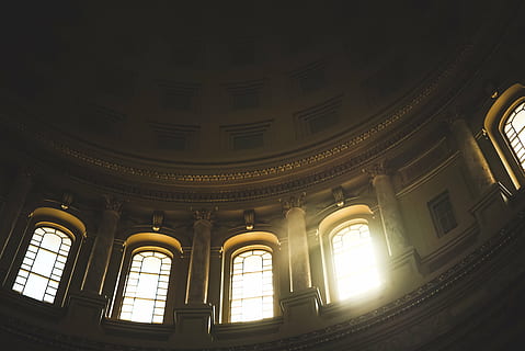 arch, architecture, building, ceiling, dome, glass, indoors, inside, interior design, lights, windows, built structure, low angle view, no people, window, architectural feature, history, the past, travel destinations, ornate, design, sunlight, place of worship, illuminated, cupola, architecture and art, 4K, CC0, public domain, royalty free