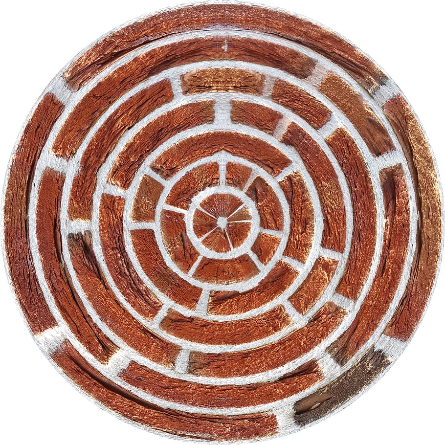 brick, pattern, texture, backdrop, geometric shape, circle, shape, no people, white background, design, indoors, close-up, studio shot, still life, directly above, art and craft, brown, textured, creativity, abstract, spiral, high angle view, round, concentric, directly below, 5K