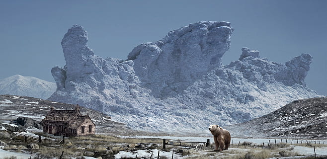 Marrone, orso, in piedi, di legno, cabina, paesaggio, natura, comporre, roccia, montagna, massiccio, solido, grande, pericoloso, casa, capanna, la neve, potente, orizzonte, solitudine, cielo, brullo, Karg, inverno, freddo, fauna selvatica, animali allo stato selvatico, temi animali, all'aperto, giorno, animale, temperatura fredda, nessuno, mammifero, scenics - natura, ambiente, bellezza nella natura, catena montuosa, animali domestici, bestiame, ghiaccio, domestico, montagna innevata, picco di montagna, 2K, CC0, dominio pubblico, privo di copyright