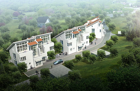 drei, Weiß, Gebäude, umgeben, Bäume, Doppelhaushälfte, Villa, Rendern, Visualisierung, die Architektur, Visualisierung 3d, Architekturvisualisierung, Landschaft, cgi, Haus, Baum, gebaute Struktur, Gebäudehülle, Pflanze, High Angle View, Wohngegend, Wachstum, grüne Farbe, Natur, Tag, keine Leute, draußen, Stadt, Dach, Schönheit in der Natur, Transport, Land, 4K, CC0, gemeinfrei, lizenzfrei