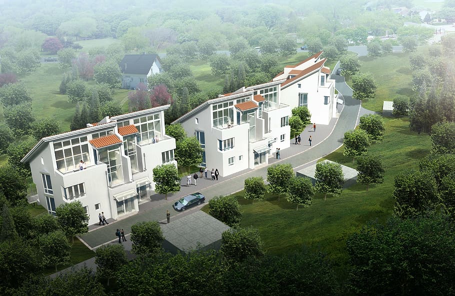 tres, blanc, edificis, envoltat, arbres, casa adossada, vila, representació, visualització, arquitectura, visualització 3d, visualització arquitectònica, paisatge, edifici, CGI, casa, arbre, estructura construïda, exterior de l'edifici, planta, vista d’angle alt, barri residencial, creixement, color verd, naturalesa, dia, cap gent, a l'aire lliure, ciutat, sostre, bellesa a la natura, transport, terra, 4K