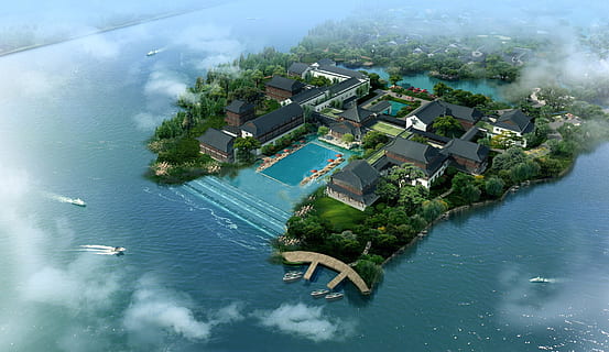 Garden, Hotel, garden, hotel, effect, water, aerial View, nature, river, outdoors, scenics, waterfront, built structure, architecture, building exterior, reflection, high angle view, building, flood, house, no people, sea, day, residential district, destruction, tree, plant, extreme weather, ruined, demolished, 1080P, CC0, public domain, royalty free