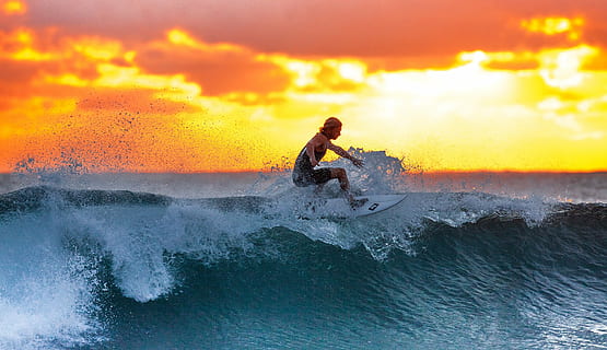woman surfing, sunset, surfer, wave, the indian ocean, ujung origin coast, java island, indonesia, sea, water, waterfront, nature, real people, beauty in nature, adventure, outdoors, sport, motion, splashing, aquatic sport, sky, surfing, one person, leisure activity, lifestyles, extreme sports, power, power in nature, horizon over water, skill, 2K, CC0, public domain, royalty free