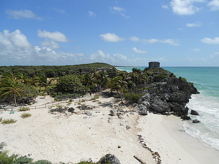 tulum, mexico, beach, aztec, inca, maia, water, sea, sky, land, beauty in nature, scenics - nature, tranquil scene, tranquility, horizon, cloud - sky, nature, rock, horizon over water, day, plant, no people, rock - object, solid, outdoors, 4K, CC0, public domain, royalty free