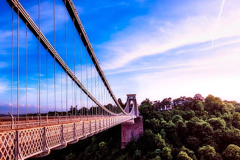 landscape, sky, clouds, construction, architecture, bridge, modern, outdoors, sight, steel, suspension bridge, trees, woods, built structure, bridge - man made structure, cloud - sky, connection, transportation, nature, engineering, building exterior, travel destinations, city, tree, travel, plant, day, office building exterior, skyscraper, 1080P, CC0, public domain, royalty free