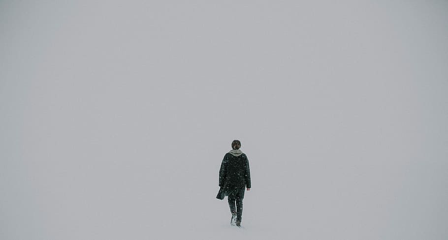 home, caminar, blanc, superfície, persona, bufanda, neu, ple, zona, mínim, sol, buit, a l'aire lliure, naturalesa, figura, gris, simple, hivern, còpia espai, una persona, tir de l'estudi, longitud completa, temperatura de fred, de peu, adult, fons blanc, homes, a l'interior, mirant, vista del darrere, activitat d'oci, mascles, contemplació, vent de neu, roba calenta, 4K