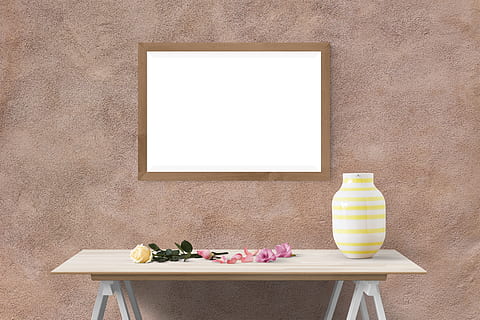 Marrone, di legno, incorniciato, bianca, decorazioni murali, tavolo, manifesto, parete, modello, interno, telaio, finto, galleria, tela, realistico, copia spazio, nessuno, in casa, fiore, pianta, pianta fiorita, natura morta, cornice, mobilia, natura, vuoto, caratteristica della parete, contenitore, semplicità, interno di casa, vaso, legno - materiale, 4K, CC0, dominio pubblico, privo di copyright