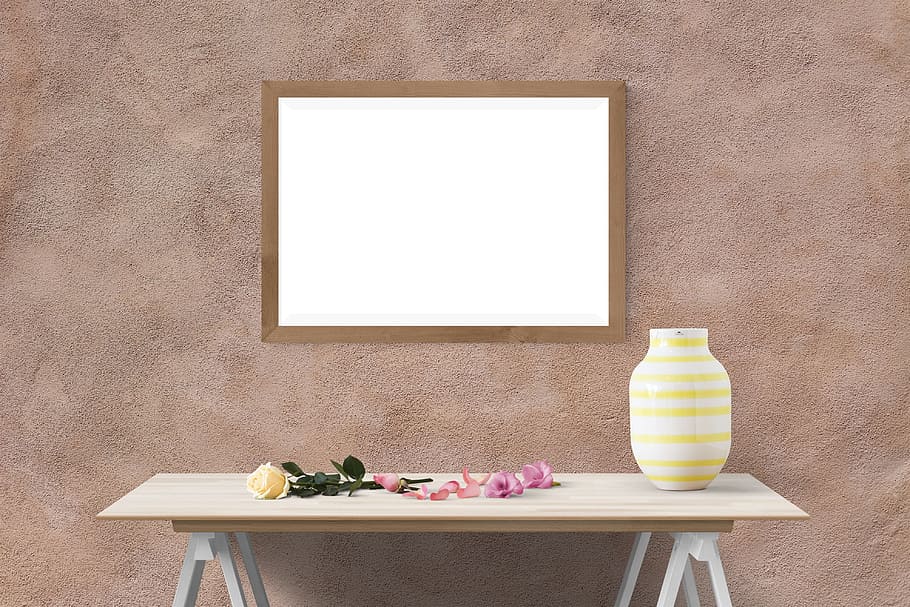 Brun, træ-, indrammet, hvid, væg indretning, bord, plakat, væg, mockup, indre, ramme, mock, galleri, lærred, realistisk, kopiere plads, ingen mennesker, indendørs, blomst, plante, blomstrende plante, stilleben, billedramme, møbel, natur, tom, murbygningsfunktion, beholder, enkelhed, hjem interiør, vase, blank, træ - materiale, 4K