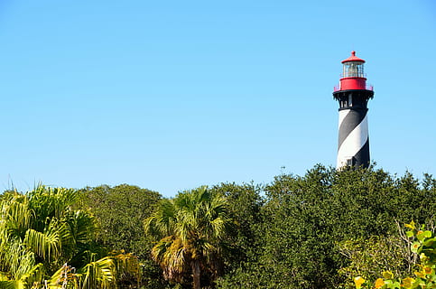 blanc, vermell, far, arbres, st augustine, florida, referència, arquitectura, EUA, escènic, aigua, Amèrica, històric, lloc, Costa, paisatge, cel, turisme, viatjar, matanzas, famós, oceà, direcció, seguretat, exterior de l'edifici, orientació, cel clar, torre, estructura construïda, protecció, arbre, planta, naturalesa, creixement, edifici, dia, cap gent, còpia espai, destinacions de viatge, a l'aire lliure, 4K, CC0, domini públic, lliure de regalies