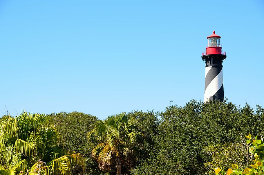blanc, vermell, far, arbres, st augustine, florida, referència, arquitectura, EUA, escènic, aigua, Amèrica, històric, lloc, Costa, paisatge, cel, turisme, viatjar, matanzas, famós, oceà, direcció, seguretat, exterior de l'edifici, orientació, cel clar, torre, estructura construïda, protecció, arbre, planta, naturalesa, creixement, edifici, dia, cap gent, còpia espai, destinacions de viatge, a l'aire lliure, 4K