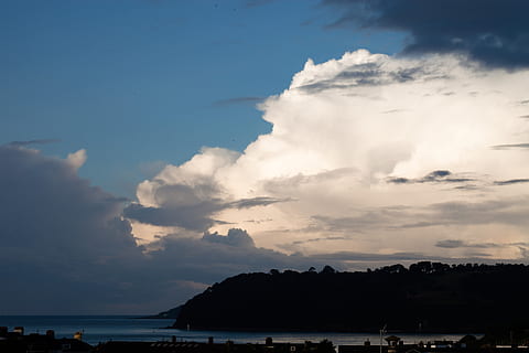 clouds, morning light, coast, sea, england, dramatic, skies, hill, sky, cloud - sky, beauty in nature, water, silhouette, scenics - nature, nature, tranquil scene, tranquility, no people, outdoors, architecture, sunset, building exterior, land, built structure, non-urban scene, beach, 5K, CC0, public domain, royalty free