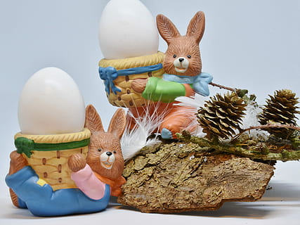 two, brown, rabbit, ceramic, figurines, easter, celebration, egg, easter eggs, painted, feather, fragility, holiday, white, close, still life, tender, fragile, eggshell, hen's egg, yolk, raw, shell, decoration, festival, holidays, beautiful, happy easter, hare, season, cute, small, ornament, traditionally, give, joy, representation, animal representation, easter egg, no people, animal, indoors, easter bunny, art and craft, mammal, animal themes, toy, creativity, figurine, 5K, CC0, public domain, royalty free