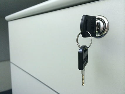 lock, key, office, security, safety, protection, indoors, no people, metal, close-up, black color, key ring, keyhole, technology, entrance, handle, architecture, door, home interior, security system, white color, silver colored, luxury, 2K, CC0, public domain, royalty free