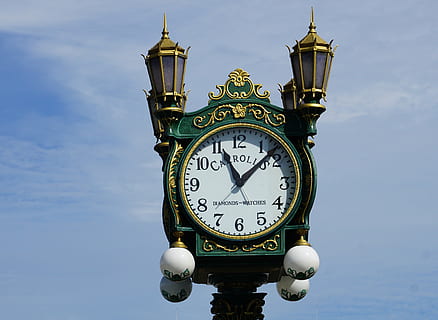 green, clock tower, 11:07, clock, pointer, clock face, old, museum port seattle, nostalgia, time of, timepiece, time, outdoors, history, no people, sky, day, minute hand, hour hand, low angle view, architecture, blue, built structure, nature, cloud - sky, building exterior, street, street light, the past, lighting equipment, ornate, 4K, CC0, public domain, royalty free