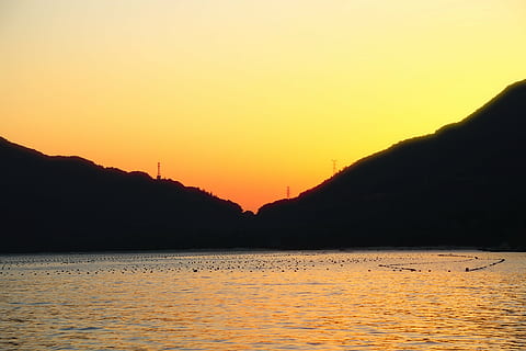 kawashima under, sunset, also changed, beauty in nature, scenics - nature, water, sky, tranquility, tranquil scene, silhouette, orange color, mountain, sea, nature, idyllic, non-urban scene, no people, land, sun, copy space, outdoors, 5K, CC0, public domain, royalty free