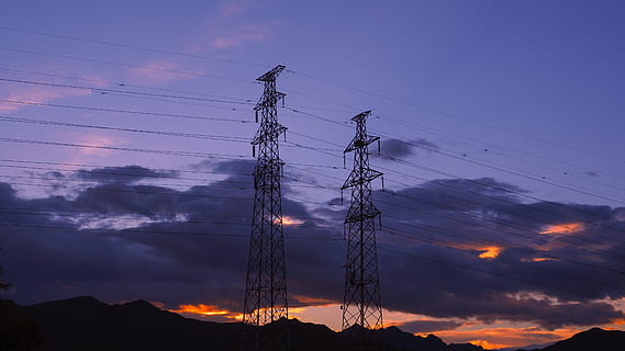 two transmission towers, electrical, wires, grid, power, powerlines, sky, sunset, sunrise, dawn, dusk, evening, morning, cable, electricity, technology, electricity pylon, power supply, power line, fuel and power generation, connection, cloud - sky, silhouette, no people, nature, low angle view, outdoors, architecture, built structure, lighting equipment, complexity, purple, 4K, CC0, public domain, royalty free