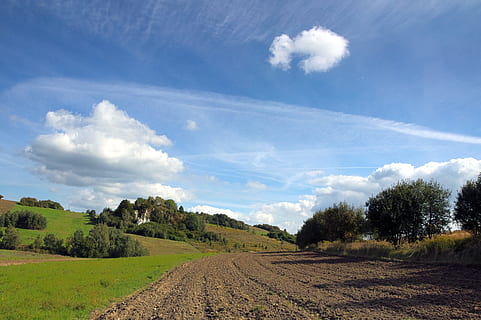 paysage, Pologne, des nuages, ciel, Krakow-Czestochowa hautes terres, champ, agriculture, village, la culture de, nuage - ciel, la nature, arbre, environnement, plante, scène tranquille, paysages - nature, tranquillité, terre, beauté dans la nature, journée, personne, scène rurale, croissance, route, scène non urbaine, en plein air, 4K, CC0, domaine public, libre de droits