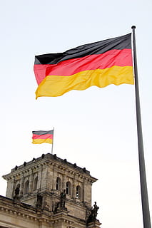 yellow, red, black, flag, berlin, germany, flutter, reichstag, capital, building, bundestag, architecture, german flag, government, places of interest, government district, black red gold, history, landmark, german, reichstag building, patriotism, sky, building exterior, low angle view, wind, built structure, nature, no people, clear sky, day, environment, striped, pride, city, outdoors, 5K, CC0, public domain, royalty free