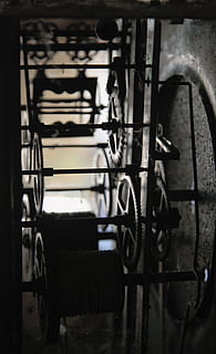 clock, movement, watch box, old, gear, gears, time, mechanics, old clockwork, bicycle, transportation, indoors, no people, metal, wheel, mode of transportation, close-up, land vehicle, tire, stationary, selective focus, day, architecture, staircase, wall - building feature, built structure, absence, spoke, 5K, CC0, public domain, royalty free