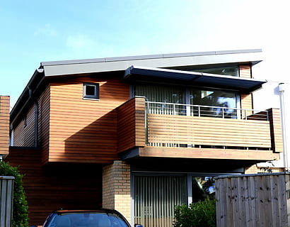 low, angle, brown, wooden, 2-storey, 2- storey house, architecture, building, infrastructure, structure, establishment, house, clouds, sky, veranda, terrace, curtain, windows, building exterior, built structure, outdoors, day, no people, low angle view, nature, window, city, sunlight, residential district, motor vehicle, car, roof, transportation, mode of transportation, 4K, CC0, public domain, royalty free
