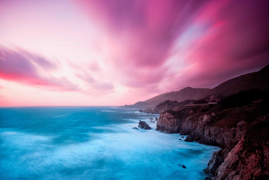 Karosserie, Wasser, braun, Felsplateau, Zeitraffer Fotografie, Gebirgsklippe, Ozean, Wolken, Cliff, Meer, Wellen, Szenen - Natur, Schönheit in der Natur, Himmel, wolke - himmel, Natur, Dramatischer Himmel, Ruhe, Land, Sonnenuntergang, ruhige Szene, Berg, Bewegung, Reiseziele, Landschaft, Dämmerung, Umgebung, keine Leute, draußen, Horizont über Wasser, Kraft in der Natur, lila, 2K