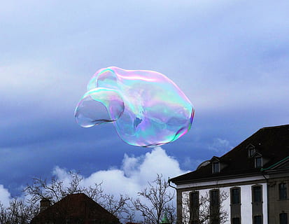 soap bubble, sky, cloud, weightless, blow, float, airy, ease, bubble, low angle view, building exterior, cloud - sky, nature, architecture, mid-air, built structure, no people, fragility, building, soap sud, day, multi colored, vulnerability, flying, outdoors, beauty in nature, 4K, CC0, public domain, royalty free