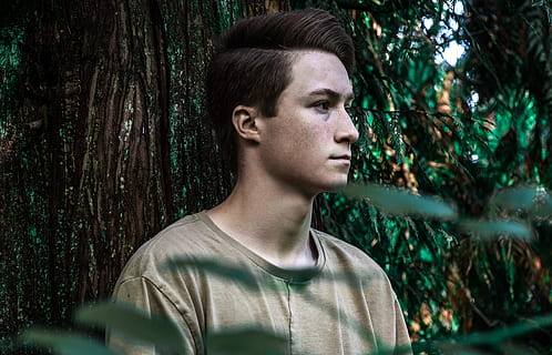 mand, iført, Brun, skjorte, træ, bark, sløring, dreng, grene, tøj, mode, grøn, blade, lys, lav vinkel skud, model, udendørs, parkere, person, rekreation, sidebillede, trægrene, have på, ung, portræt, plante, hovedskud, en person, overvejelse, leder, kigger væk, ung voksen, natur, afslappet tøj, dag, unge mænd, Skov, rigtige mennesker, stående, vækst, frisure, teenager, 4K, CC0, offentligt domæne, royaltyfrie